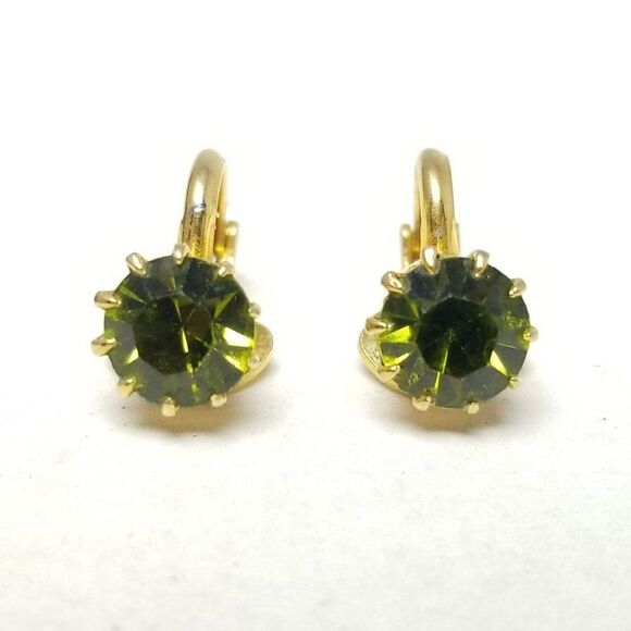Vintage Green Round Rhinestone Clip On Earrings, Small Sparkle, Estate - Picture 7 of 7